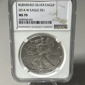 MS70 2014 W BURNISHED SILVER EAGLE NGC CLASSIC BROWN LABEL - Picture 1 of 4