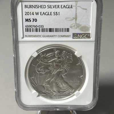 MS70 2014 W BURNISHED SILVER EAGLE NGC CLASSIC BROWN LABEL - Image 1 of 4