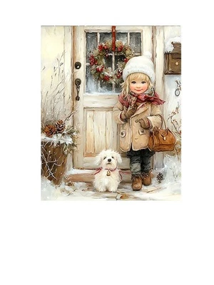 16x20 Cute Girl and Dog at Christmas Door Wall Art Canvas Print - Image 1 of 4