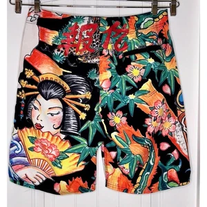 Ed Hardy by Christian Audigier Geisha Wave print multicolor short Size 36 - Picture 1 of 8