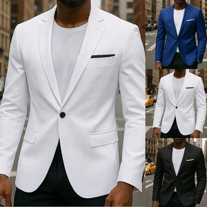 Mens Korean Style Slim Fit Blazer Business Casual Suit Jacket Regular Length - Picture 1 of 14