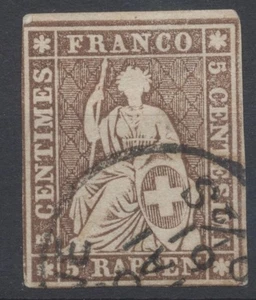 Switzerland Stamps 1855 5c brown imperf, thick ppr yellow thread SG33a CV £130 - Picture 1 of 2
