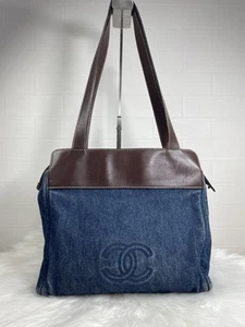 Chanel Tote Bag Shoulder Bag Brown Leather Blue Canvas Authen - Picture 1 of 21