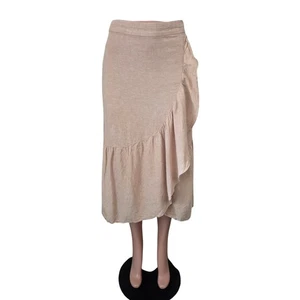 Madewell Linen-Blend Ruffle-Wrap Midi Skirt Women's Size 0 Earthen Sand Neutral - Picture 1 of 7