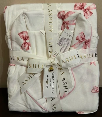 New Laura Ashley 2 PC Pajama Set Shirt Pants Pink Ivory Bows Medium PJs FastShip - Image 1 of 4