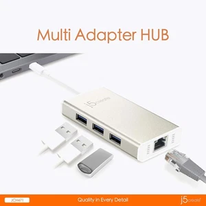 j5create USB Type-C Hub Adapter with Gigabit Ethernet and 3X USB 3.0 Ports - Picture 1 of 2