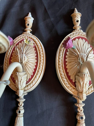 Pair of Antique Enamel Sconces with Colorful Flowers Cover