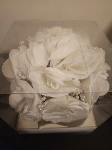White Roses Wedding Bouquet Bridal Artificial Flowers With Pearls By Simplicity  - Picture 1 of 6
