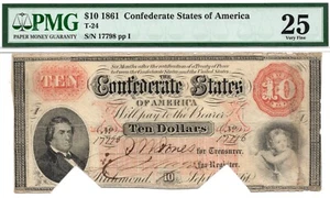 1861 $10 Confederate States of America T-24 Banknote - PMG VF25! Scarcer Type! - Picture 1 of 3