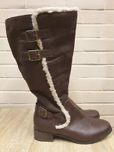Evans Women's Brown Faux Fur Knee High Boots UK 7EEE - Picture 1 of 5