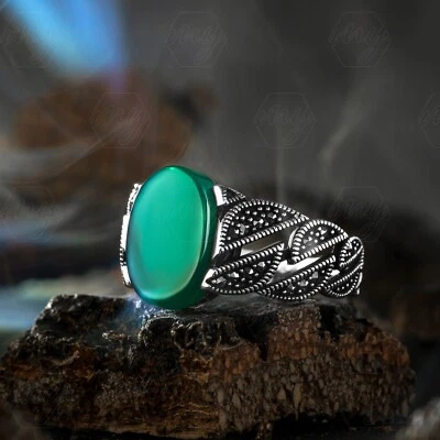 925 Sterling Silver Green Agate and Marcasite Stone Turkish Men's Ring - Image 1 of 3