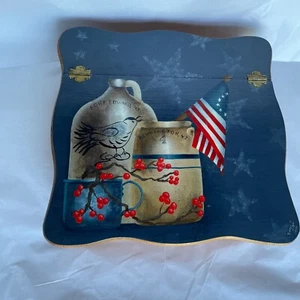 Hand Painted Wooden Square Blue Americana Hinged Desk Box New York/VT Signed - Picture 1 of 12