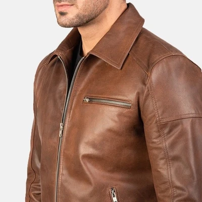 BEST SELLING Cafe Racer Men's Leather Jacket Moto Brown Genuine Sheep Leather - Image 1 of 4