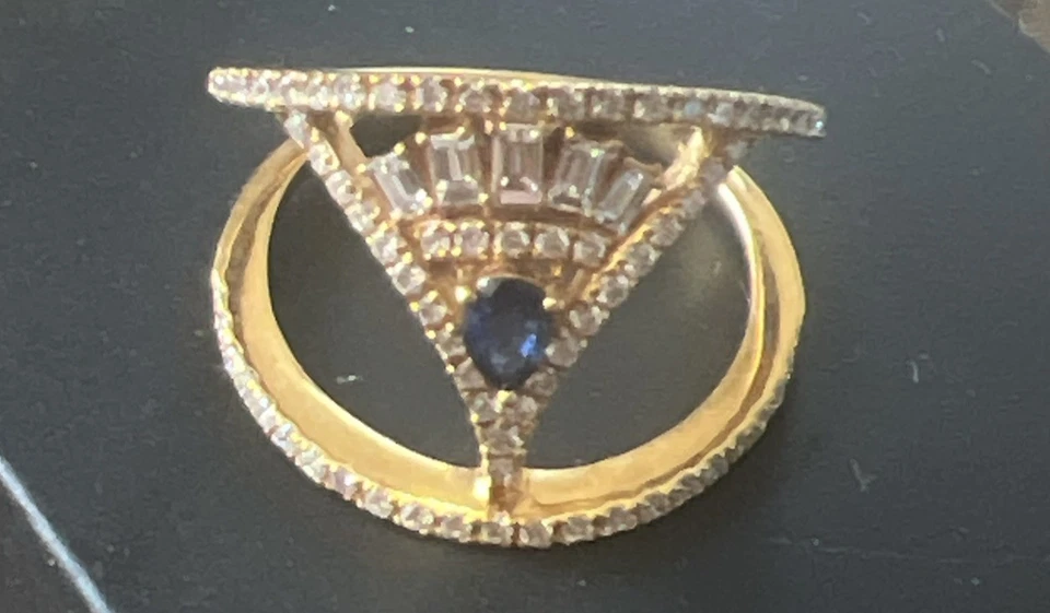 Anillo estilo Art Deco oro amarillo 14k diamantes naturales y zafiro azul talla 7 Foto 1 de 4