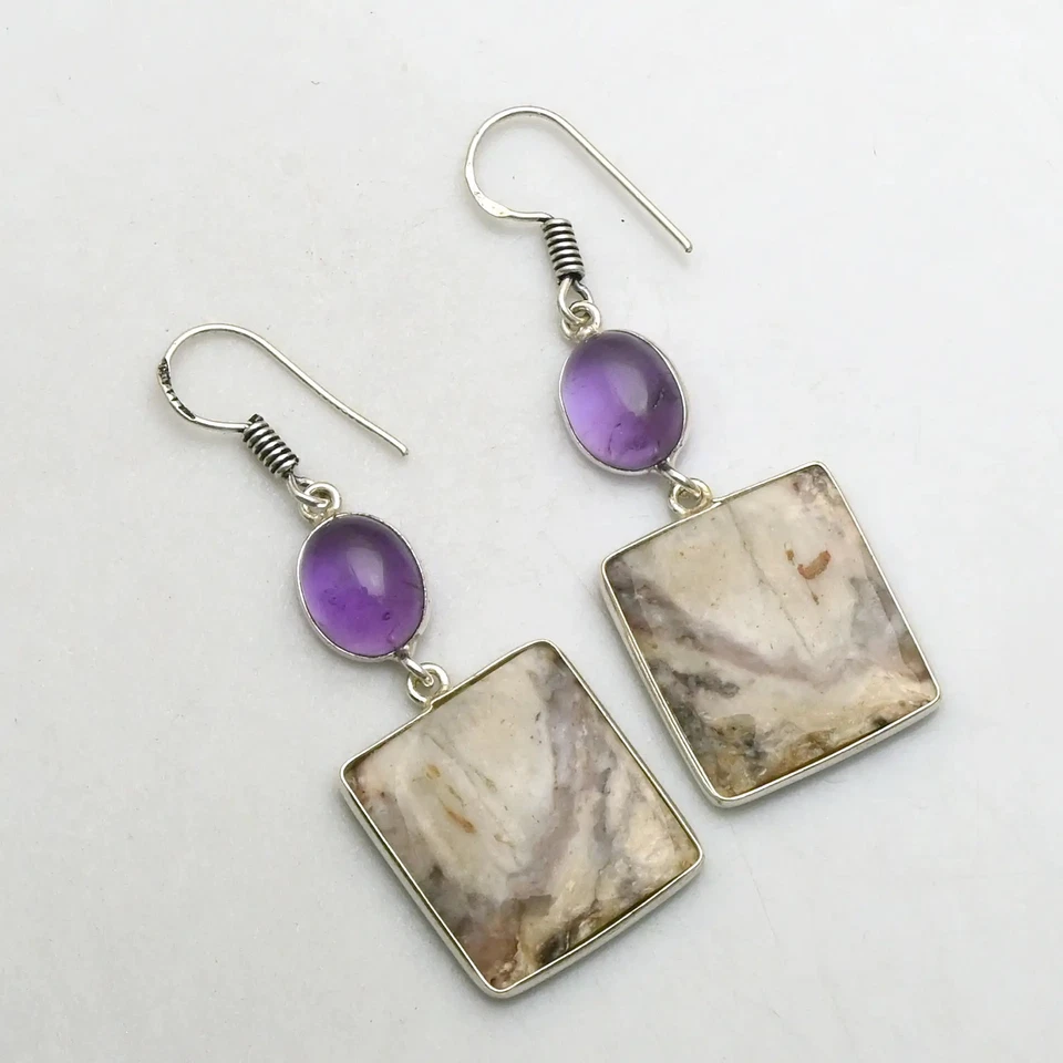 Jasper Amethyst Gemstone Handmade Drop Dangle Earrings Jewelry Gift 2" AE-92101 - Image 1 of 1