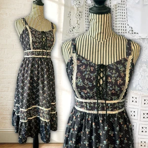 Vtg 70s Black Calico Floral Prairie Peasant Sweetheart Corset Sun Dress Size XS - Picture 1 of 18