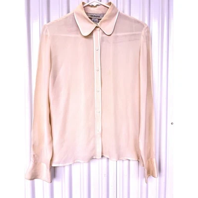 Alfani Sheer Silk Button Up Blouse Cream Collar Cuff Size 8 - Image 1 of 4