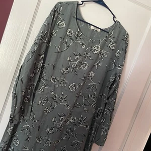 Vintage A La Mode Green Floral Long Linen Dress Longsleeved Scoop Neck M/L M L - Picture 1 of 7