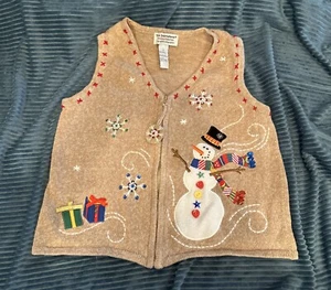 Vintage Tiara Internatiol Sz XL Knit Tan Vest Christmas Theme Snowman - Picture 1 of 6