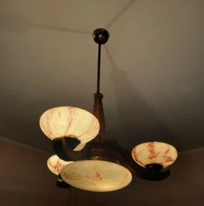 1930s Art Deco Wooden Large Chandelier Marble Opaline Glass Pendant Home Décor - Picture 1 of 10