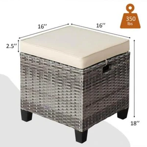 FORCLOVER Outdoor Ottoman 18" x 16" x 16" Gray Wicker w/ Removable Beige Cushion - Picture 1 of 7