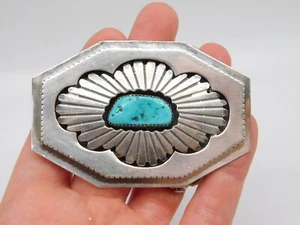 NATIVE AMERICAN NAVAJO INDIAN KELVIS JOSH STERLING SILVER TURQUOISE BELT BUCKLE - Picture 1 of 7