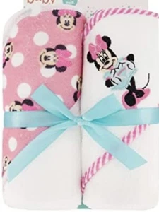 Disney Cudlie Baby Girl Minnie Mouse 2 Pack Rolled/ Carded Hooded Towels - Picture 1 of 5