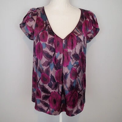 Kenar Purple pink  maroon Floral Print Too Blouse Shirt Short Sleeve sz m v neck - Image 1 of 4