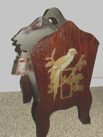 Antique Wood Victorian Stand w/ Handle Doors Painted Parrot w/Tassels Cover