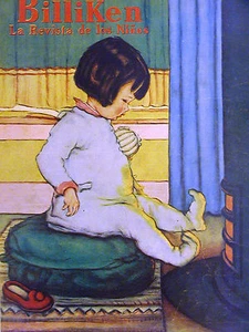 Billiken Cover LITTLE GIRL WARMING TOES in FIREPLACE 1930 Spanish Matted Print - Imagen 1 de 7