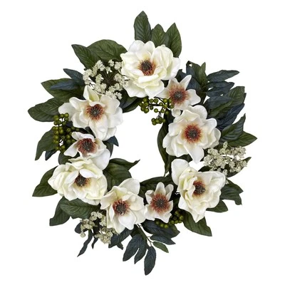 Nearly Natural 4793 Magnolia Wreath 22-inch White - Image 1 of 4