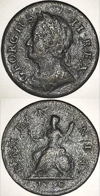 GREAT BRITAIN 1750 Farthing King George II American Colonial Era Copper Coin JJO - Image 1 of 4