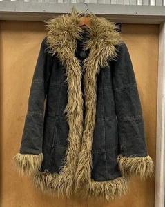 Vintage Y2K Faded Glory Penny Lane Coat Women's Small Patchwork Faux Fur Hippie - Picture 1 of 12