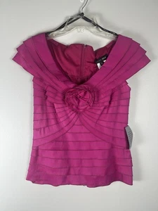 Tadashi Shoji Fuchsia Hot Pink Rüschen Stufen Rosette Taft Bluse Top Gr. 4 Neu mit Etikett - Bild 1 von 6