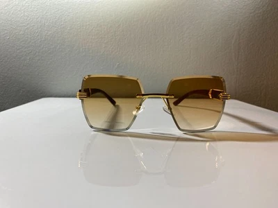 Unisex, rimless, oversized sunglasses with brown & gold frame and tea lenses. - Image 1 of 4