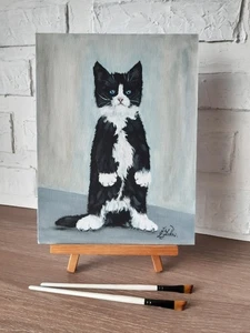 Divertido Esmoquin Gato Pintura Original Gato Ojos Verdes Obra de Arte al Óleo 12 por 9 Arte Animal - Imagen 1 de 8