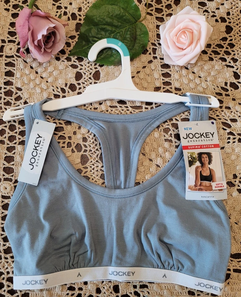 JOCKEY GENERATION LOGO Supima Cotton Bralette Soft Durable Blue SMALL Trendy Bra