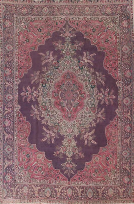 Alfombra Tebriz tradicional de lana púrpura vintage 9x12 alfombra hecha a mano para sala de estar Foto 1 de 4
