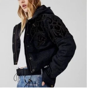 Free People Fleur De Lis Denim Puffer Jacket , Bead and Velvet details. Large - Picture 1 of 7