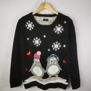 ~ F & F ~ Womens Black Christmas Jumper ~ Penguins Snowflakes Stars ~ UK 10 ~ - Picture 1 of 9