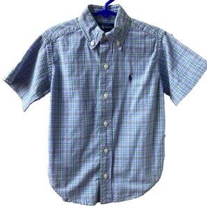 RALPH LAUREN BLUE Plaid Dress Shirt 4 Boys Size 4 POLO Logo Button Up $55 Vtg - Picture 1 of 18