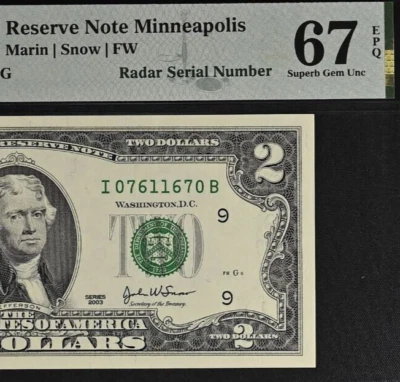 2003 $2 Federal Reserve Note PMG 67EPQ - Fancy Radar Serial Number 07611670 - Image 1 of 3