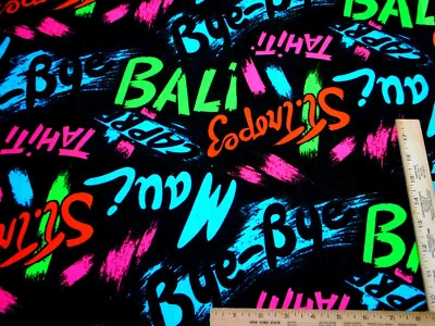 Cotton Fabric 7/8 Yard Maui Tahiti Bali Tropical Island Names Black 59" Wd Vtg  - Image 1 of 2