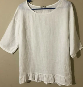 Lungo L'Arno 100%Linen Boho Tunic 3/4 Sleeve Ruffle Hem Italy Top White Sz S New - Picture 1 of 4