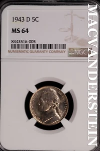1943-D Jefferson Nickel - NGC MS 64 - Brilliant Uncirculated Lustrous #SLG226 - Picture 1 of 2