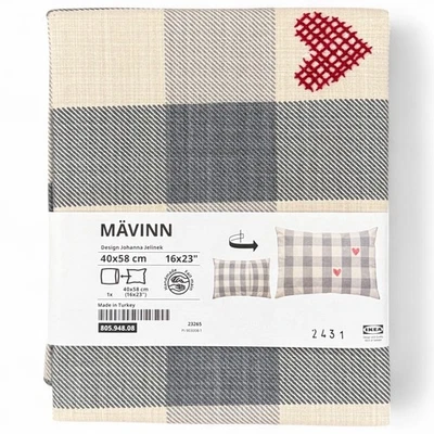 IKEA MAVINN Handmade Gray Check Embroidered Heart Pillow Cover 16" x 23" - Image 1 of 2