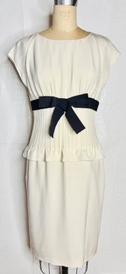 VALENTINO IVORY WHITE SILK CREPE PIN-TUCK PEPLUM RUFFLE BLUE BOW DRESS*8 XS/S - Image 1 of 4