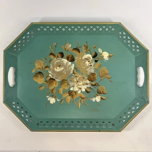 "Bandeja floral de metal pintada a mano Tole Nashco New York de colección 20"" verde crema dorada" - Imagen 1 de 8