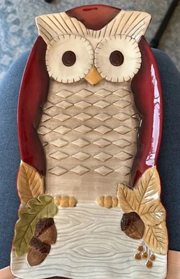 Grasslands Road Dark Red Owl Figural Serving Plate Platter Tray DISH ~12"x6.25" - Image 1 of 4