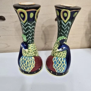 Pretty Ceramic Peacock Candlestick Holders - Picture 1 of 2